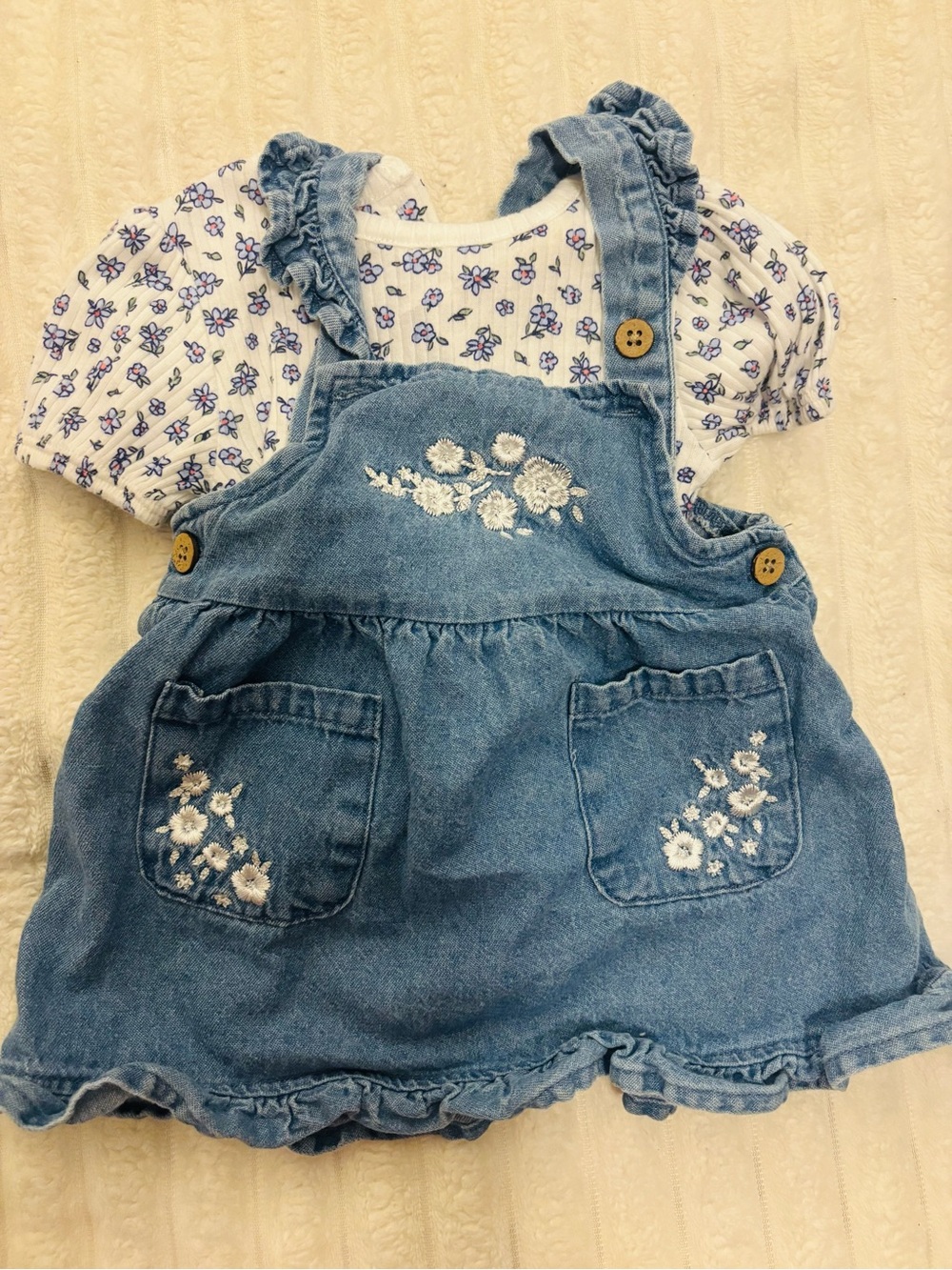 Denim Floral Embroidered Girls' Overall Dress - Blue